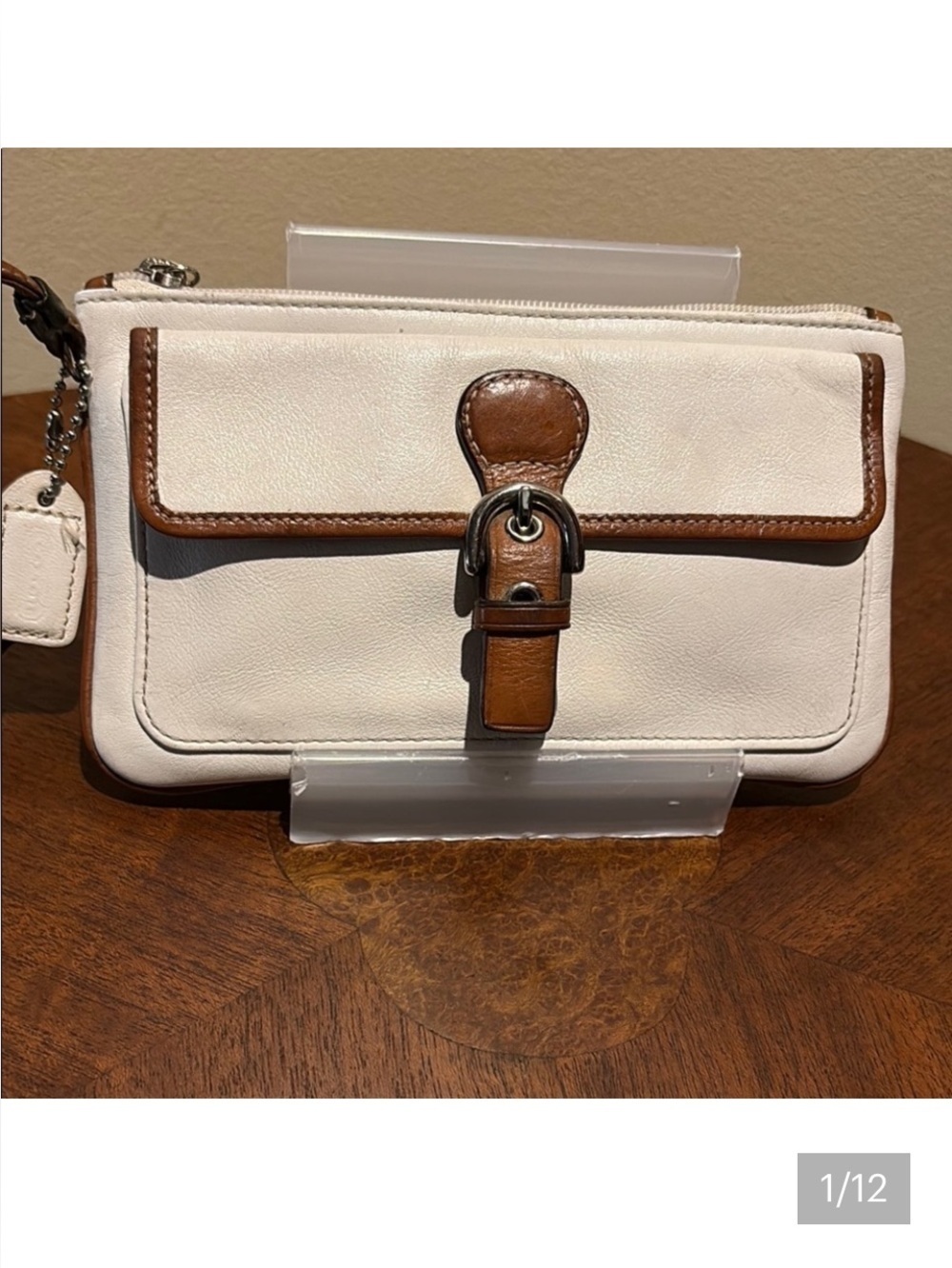 Coach  wristlet with front pocket leather  white/brown trim  vintage  EUC